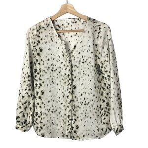Violet + Claire White & Brown Leopard Print Long Sleeve Button Down S